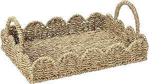 Household Essentials Seagrass Decorative Tray with Scalloped Edge, Handwoven Natural Wicker Organizer Basket with Handles & Iron Frame for Coffee Tables, Bathrooms & Countertops