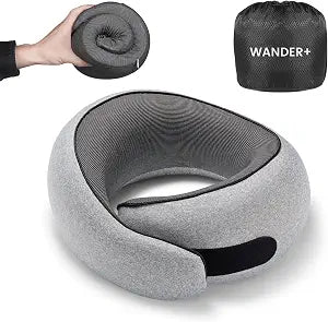 WANDER PLUS Travel Pillow, 100% Pure Memory Foam Travel Neck Pillow Airplane Neck Support Ergonomic Design Best for Sleeping Plane Car Train Office Flight for Adults Grey