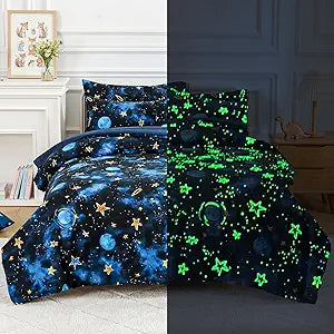 Glow in The Dark Kids Comforter Set, 5 Piece Twin Size Bed in a Bag for Boys, Soft Blue Space Bedding Set with Sheets Pillow Sham, Complete Bedroom Decor