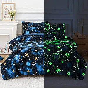 Kids Comforter Sets Full Size for Boys, Glow in The Dark Blue Starry Sky Space Bedding Set 4 Pieces - Boy Soft Bed Set with Pillow Shams