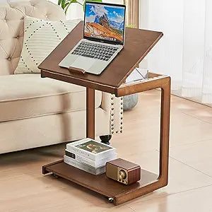 Uniclinens Couch Tables That Slide Under - Rolling Side Table C Shape, Wooden Slim Sofa Desk with Wheels, Small TV Tray for Laptop Multi-Purpose Living Room Bedroom, Walnut
