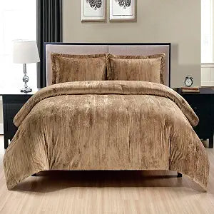 Fredsure Crinkle Velvet Comforter Set, 3 Pieces Camarel Gold King, Crinkle Velvet Face and Brushed Microfiber Reverse, with Light Poly Fill