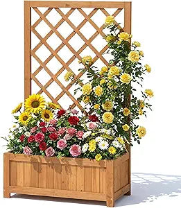 Wooden Raised Garden Bed with Trellis, 40" Outdoor Planter Box for Climbing Plants, Vertical Warm Brown Garden Planter for Vegetables, Flowers & Vines, Lattice Plant Support for Patio Yard Balcony