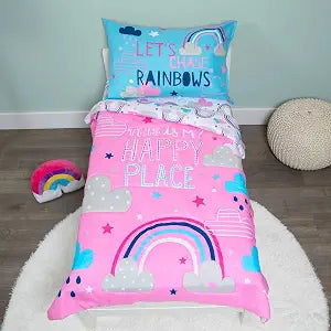 Baby Boom Funhouse Let's Chase Rainbows 4 Piece Toddler Bedding Set ��� Includes Comforter, Sheet Set ��� Fitted + Top Sheet + Reversible Pillowcase for Girls Bed, Pink