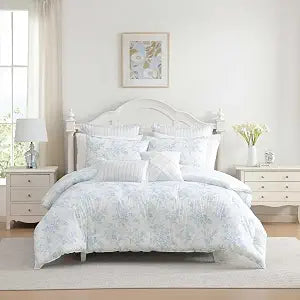 Laura Ashley - Twin Bonus Comforter Set, Soft Reversible Bedding Set, 5 Piece Bed Set with Matching Pillowcases, Euro Shams, & Throw Pillow Covers (Annalise Floral/Dilly Dally Stripe Blue)