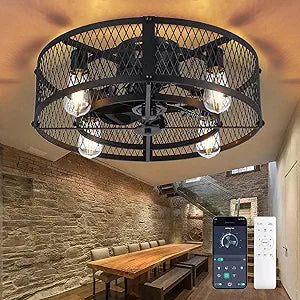 Depuley Flush Mount Ceiling Fan: 20" Caged Ceiling Fans with Lights and Remote App Control for Kitchen Bedroom Farmhouse - Rustic Low Profile Ceiling Fandelier Lights Reversible 6 Speed Timer Black