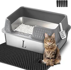 Suhaco Medium Stainless Steel Litter Box Side Entry High Sides Deep Metal Cat Litter Boxes with Lid Low Entry Litter Mat and Scoop Litter Pan (Grey)