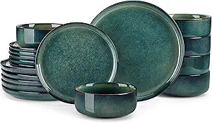 vancasso Starry 18 Pieces Dinnerware Sets for 6, Green Reactive Glaze Dishes Sets, Ceramic Plates and Bowls Set, Dinner Salad Dessert Plates, and Cereal Bowls Set, Dishwasher and Microwave Safe