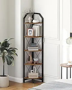 CHOEZON 59.4" Corner Shelf, 5-Tier Industrial Corner Bookshelf, Corner Storage Stand, Plant Stand Display Shelf, Bookcase for Bedroom, Living Room, Home Office, Rustic Brown and Black TCJ10BF