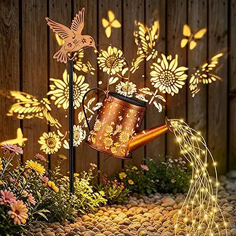 Gifts for Mom, Sunflower Butterfly Solar Lantern Outdoor Waterproof, Outside Metal Watering can Landscape Lights for Garden Yard Patio Decor Birthday Gifts for Women Grandma -with Pole