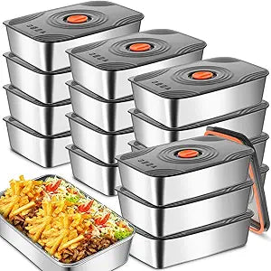 Layhit 16 Sets 60oz Stainless Steel Food Storage Containers with Lids Large Reusable Stackable Metal Container Outdoor Rectangle Fruit Lunch Box for Picnic Travel Dishwasher and Freezer Safe