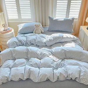 BOLINLIVING Gingham Duvet Cover Queen Size, 3PCS Light Blue White Checkered Plaid Duvet Cover Set, Microfiber Bedding Set for All Season with Zipper Closure and Corner Ties