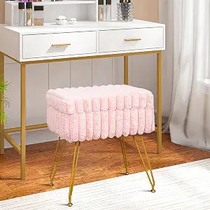 xuperbonus Faux Fur Pink Vanity Stool Chair with Storage Ottoman, Vanity Chair for Makeup Room, Vanity Stools for Bedroom, Footrest with Metal Legs and as a Coffee Table, Pink