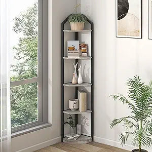 Fun Memories 5 Tier Corner Shelf, 70 Corner Shelf Stand, Corner Bookshelf Plant Stand, Storage Shelf for Bathroom, Living Room, Kitchen,Grey Home Office, Grey