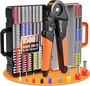 Preciva Ferrule Crimping Tool Kit - AWG 28-5 (0.08-16mm) Self-Adjustable Ratchet Ferrule Terminals Crimping Tool, Quadrilateral Ferrule Crimper with 1500Pcs Ferrules Connectors