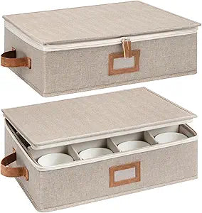 StorageWorks China Storage Container, Stackable Mug Storage Box with Dividers, Stemware Storage Cases, Hard Shell China Cup Organizer, Holds 12 Tea Cups and Coffee Mug, 2 Pack, Brown and Beige