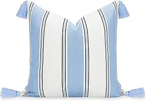 Hofdeco Premium Coastal Hampton Outdoor Performance Throw Pillow Cover Only, 20"x20" Water Repellent, UV and Fade Resistant for Backyard, Couch, Poolside, Azure Blue Indigo Woven Harbor Stripes