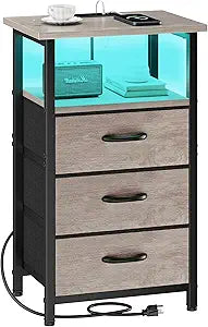 Vagusicc Night Stand with Charging Station, LED Nightstand for Bedroom, Bedside Table with 3 Fabric Drawers, End Table Side Table with USB Ports and Outlets, Bed Side Table for Bedroom, Greige