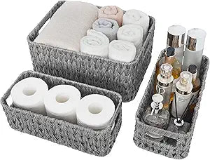 GRANNY SAYS Wicker Baskets for Organizing, Storage Baskets for Shelves, Small Baskets for Counter, Waterproof Storage Basket with Handles, Gray, 3-Pack