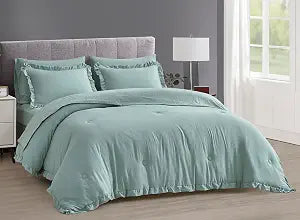 Chezmoi Collection Eleanora Queen Bed in a Bag 7-Pieces Ruffled Edge Trim Soft Washed Double Brushed Microfiber Comforter with Sheets Lightweight All Season Bedding Set (Queen, Aqua)