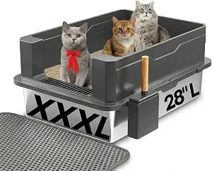XXXL Stainless Steel Cat Litter Box  Extra Large 28" L x 20" W with High Sides & Lid, Non-Stick, No Odor, Leak-Proof Metal Boxes for Large & Multiple Cats, Easy to Clean Lites (1-Pack XXXL)