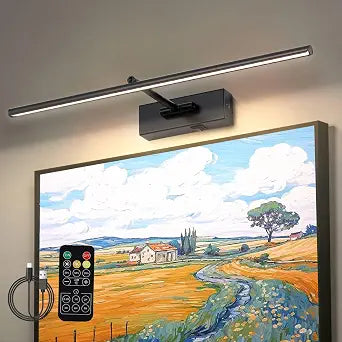 Picture Light for Wall, 5000mAh Rechargeable Wireless Remote,Black 24in Dimmable Timer LED Art Display Light with 3 Color Temperatures,or Gallery Artwork, Paintings, Photo, Portraits
