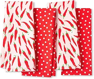 kate spade new york Hot Hot Hot Peppers and Spring Time Dot Kitchen Towels 4-Pack Set, Absorbent 100% Cotton, Red/Pink, 17"x28"