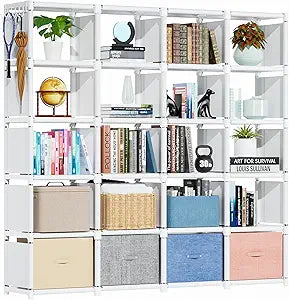 Mavivegue Book Shelf, 20 Cube Storage Organizer, DIY Bookcase, Metal Cube Bookshelf, Tall Book case for Bedroom, Living Room, Office, Closet Storage Organizer, Black Cubicle Storage Rack-White