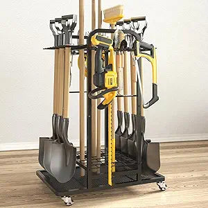 SOYEEZE Garden Tool Organizer with Lockable Wheels, Heavy Duty 3-Tier Yard Tower Tool Rack for Garage, Holds Up to 35 Long-Handled Tools, Garden Tool Cart with 12 Hooks for Tool Organization Storage