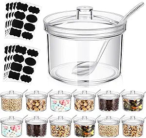 Tioncy 12 Pcs Ice Cream Bar Supplies Sugar Bowls with Lid and Spoon Acrylic Candy Dispenser Party Bar Sundae Caramel Apple Dipping Container with Tag (13.5 oz,Clear)