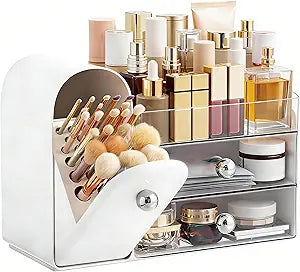 HBlife Makeup Organizer Countertop with Drawers, Vanity Organizers with Brush Holder, Bathroom Counter Organizer for Perfume, Nail Polishes, Lipsticks, Skincare and Eyeshadow Palettes, White Sliver