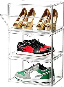 Clear Shoe Organizer,Stackable Shoe Display Case,Shoe Box Storage Bins with Magnetic Door,Fit Shoe Size Up to US 14 (X-Large-3Pack)
