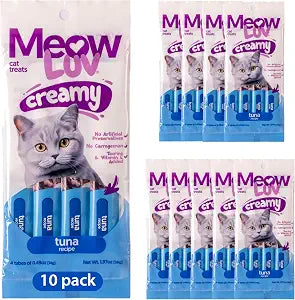 Ultra Chewy Meow Luv Lickable Cat Treats for Cats - Tuna Flavor Squeeze Tubes - Carrageenan Free, No Artificial Preservatives - Prebiotic Fiber, L-Taurine & Milk Thistle - 0.5 oz Tubes, Pack of 10