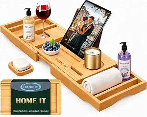 Home It Premium Bathtub Tray Caddy - Foldable, Expandable, Fits Most Tubs