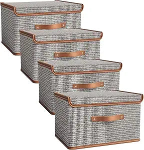 Tuza 4 Pack Storage Bins with Lids, Collapsible Closet Organizer Container, Fabric Organizer Box with Handles, Decorative Storage Boxes with Lids for Organizing Clothes, Books, Light Grey, Large