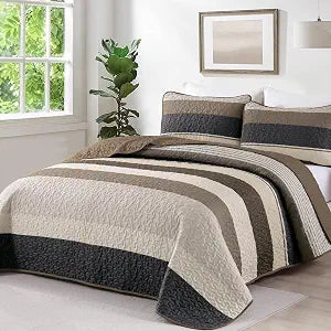 Dinjoy Queen Quilt Set, Striped Bedspread Coverlet Bed Light Brown Bedding Sets 3 Pieces Micofiber Lightweight Boho Quilts Sets with 2 Pillow Shams for Fall Winter 96''x90