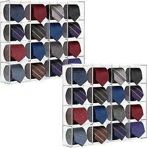 2 Pack Tie Box Organizer Wall Mounted Tie Rack Clear Acrylic with 16 Compartments, Tie Holder for Drawer Tie Organizer for Men Belt Scarf Necktie Storage for Closet and Home