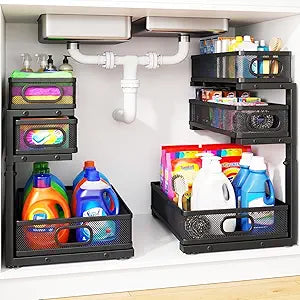 Under Sink Organizer, 3 Tier Pull Out Cabinet Organizer with 5 Adjustable Heights, Metal Under Sink Storage with Sliding Drawers for Kitchen, Bathroom, Pantry and Laundry Room, 2-Pack Black