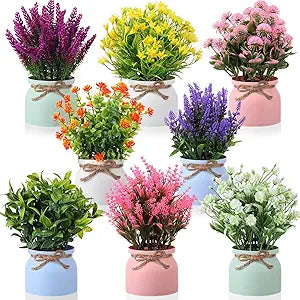 Cindeer 8 Pcs Large Artificial Potted Flowers Fake Potted Plants Plastic Faux Flowers for Home Decor Indoor Artificial Plants in Pots for Wedding Home Desk Tabletop Outdoor Office Kitchen (Romantic)