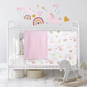 Bubzi Co Crib Bedding Sets for Girls 5 Pieces Includes Baby Crib Sheets x2, Cotton Quilt, Baby Blanket & Bonus Wall Decal Set