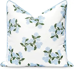 Hofdeco Premium Coastal Patio Indoor Outdoor Throw Pillow Cover Only, 20"x20" Water Repellent for Backyard, Couch, Baby Blue Print Hydrangea Flower