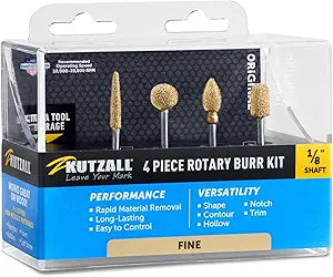 Kutzall 4-Piece Rotary Burr Kit - 18" Shaft, Fine - Wood Carving Bits for Dremel, Foredom, Ryobi, DeWalt, Milwaukee Tools - Structured Tungsten Carbide