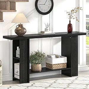 FOLUBAN Black Entryway Table with Storage Bottom Shelf & Side Shelves, Modern Console Table for Living Room, 2 Tier Long Sofa Table Behind Couch for Hallway & Entrance, 53 Inch