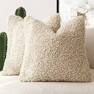 Foindtower 2 Pieces Faux Fur Throw Pillow Cover Decorative Sherpa Pillow Fuzzy Accent Pillowcases Soft Sheepskin Fleece Cushion Case for Bed Couch Living Room 26x26 Inch Oatmeal