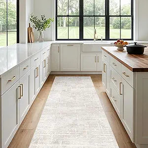 3x7 Washable Kitchen Runner Rug - Modern Abstract Neutral Carpet with Non-Slip Backing Low-Pile Stain-Resistant Thin Runners for Hallway Bathroom Bedroom Entryway (3x7, Beige)