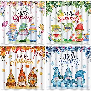 Preboun 4 PCS Spring Gnomes Shower Curtains Pack - Seasonal Waterproof Fabric Bathroom Curtains with Hooks for Summer Fall Winter Restroom Decoration, 71" x 71"