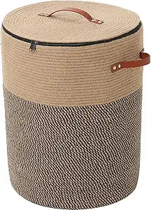 Extra Large Cotton Rope Storage Basket with Lid and Zipper, Versatile Laundry Hamper and Cloth Bin for Clothes, Towels, Blankets, Living Room Organization (Jute, 16"x20")