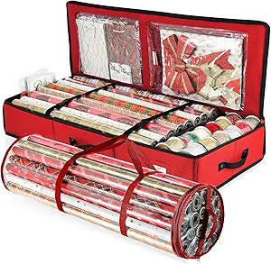 Hearth & Harbor Wrapping Paper Storage Container and Clear Wrap Paper Holder - Christmas Storage Bag with Interior Pockets - Fits Up to 36 Rolls of 40" - Tear Proof, Red