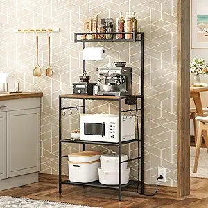 MAHANCRIS Bakers Rack with Storage, Microwave Stand with Paper Holder, Bakers Rack with Power Outlet, Coffee Bar Station with 6 Hooks, for Kitchen, Dining Room, Rustic Brown and Black BRHR36E01