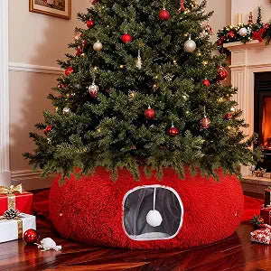 Cat Tunnel Christmas Tree Skirt Large Soft Plush Tunnel Bed Under Christmas Tree for Indoor Cats 36 Circle Donut Tube Bed with Central Mat for Cat Puppy Rabbit Kitten Xmas Gifts(Red)